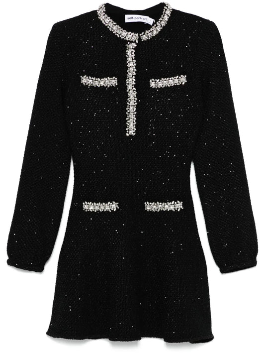 Self Portrait Sequin Knit Mini Dress — Black — Size XS — Front View