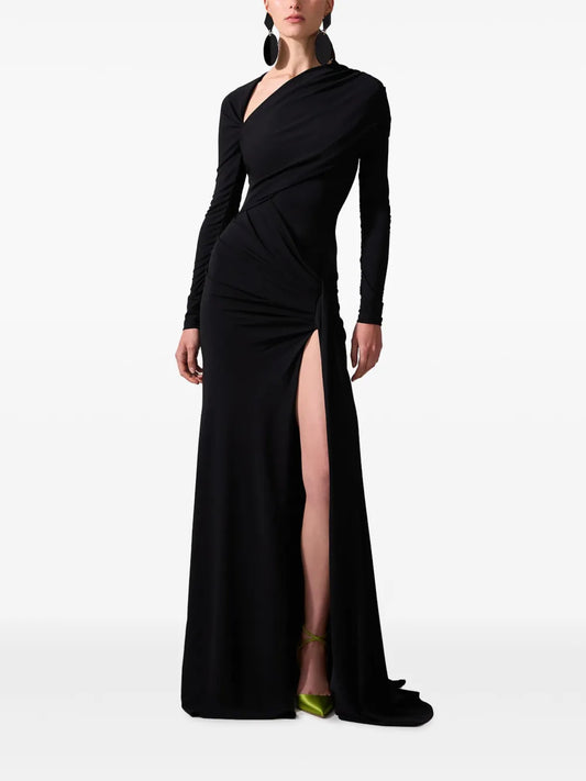 Carolina Herrera Draped Long Sleeve Gown — Black — Size XS — Front View