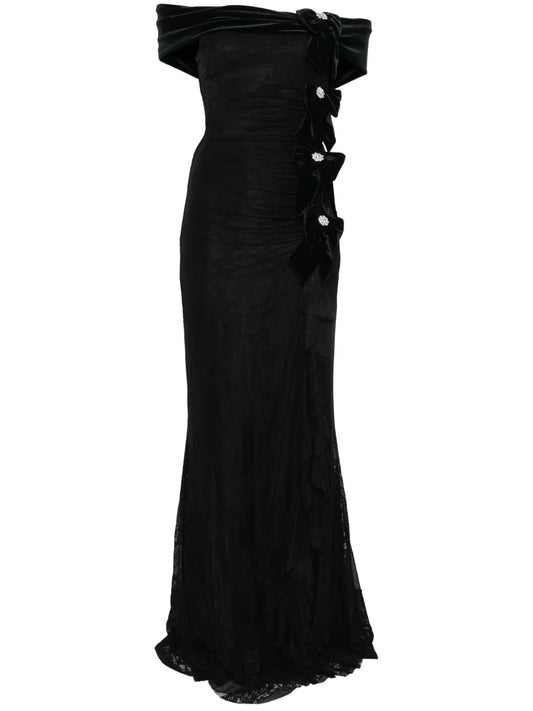 Nissa Bow Detail Lace Maxi Dress — Black — Size XS — Front View