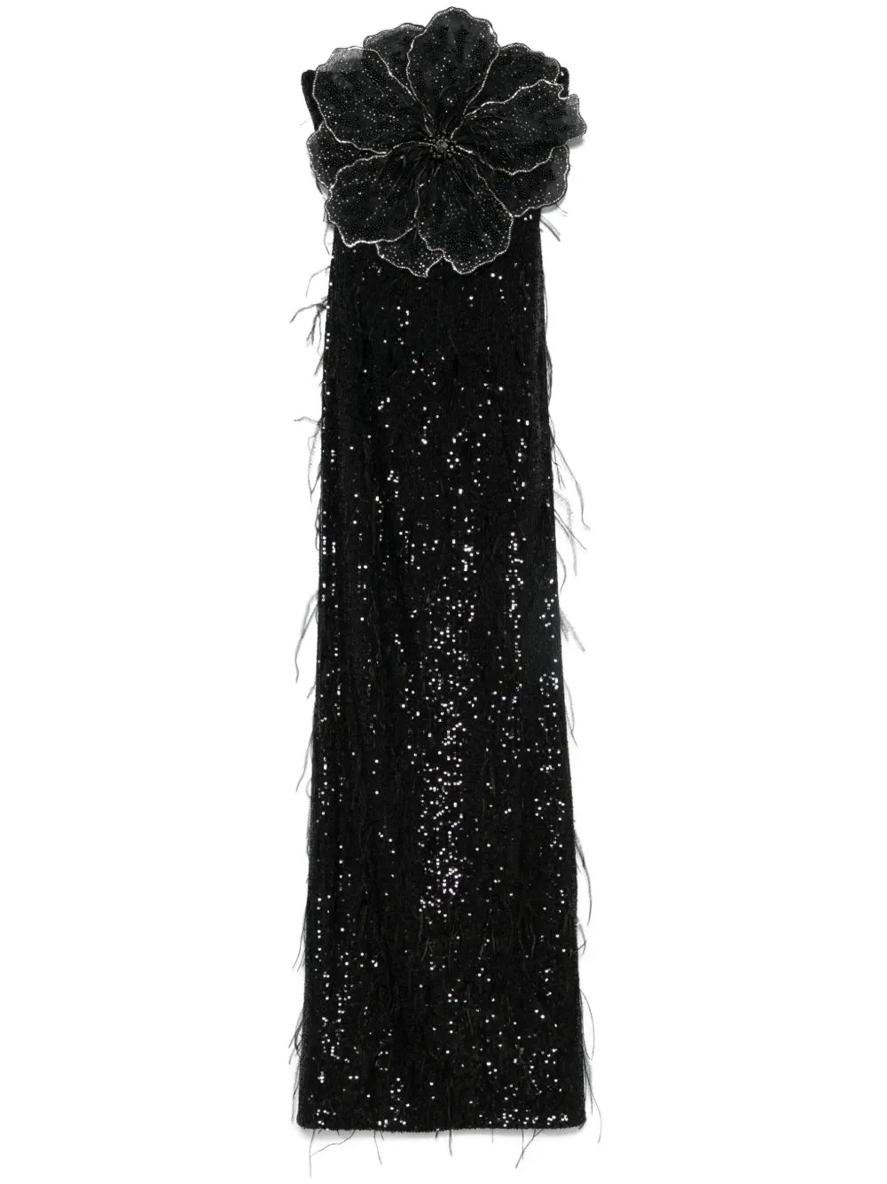 Nissa Floral Applique Sequined Maxi Dress — Black — Size S — Front View