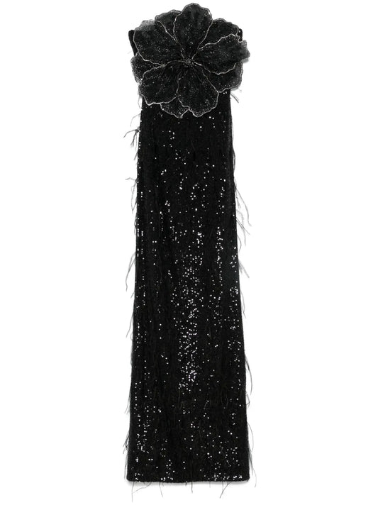 Nissa Floral Applique Sequined Maxi Dress — Black — Size S — Front View