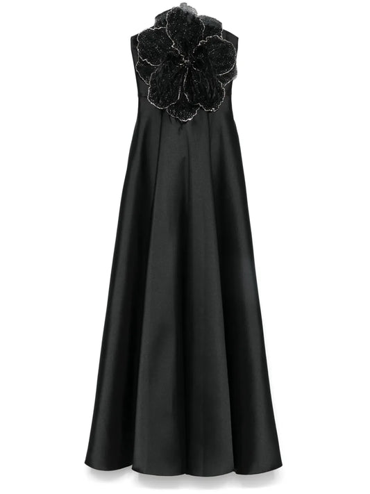 Nissa Floral Applique Maxi Dress — Black — Size S — Front View