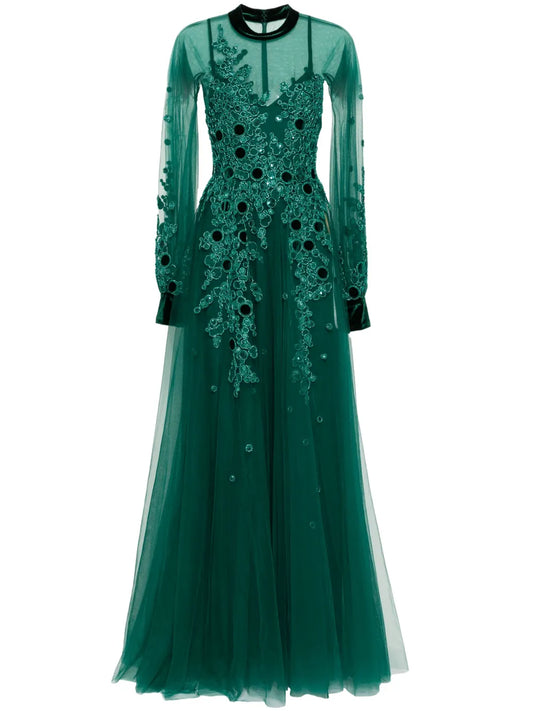 Saiid Kobeisy Embroidered Tulle Dress — Red/ Green — Size M — Front View