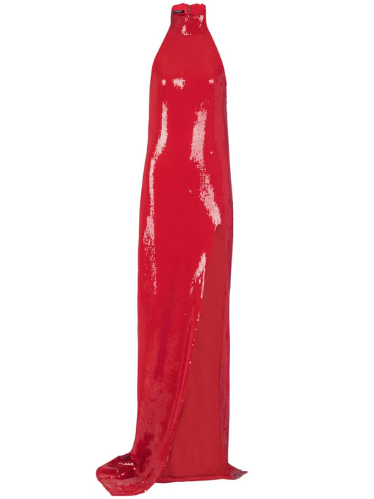 Balmain Sequined Maxi Dress — Red — Size XS — Front View