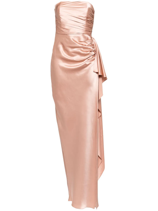 Michelle Mason Strapless Gathered Silk Gown — Red/ Pink — Size XS — Front View