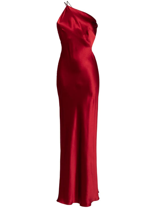 Michelle Mason Asymmetrical Design Silk Gown — Red — Size XS — Front View