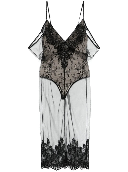 The Attico Tulle Overlay Midi Dress — Black — Size XS — Front View