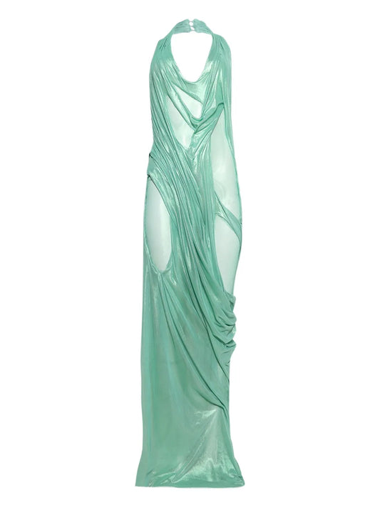 Di Petsa Siren Wetlook Halter Neck Dress — Green — Size XS — Front View