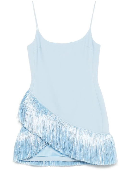 David Koma Raffia Fringe Trim Mini Dress — Blue — Size S — Front View