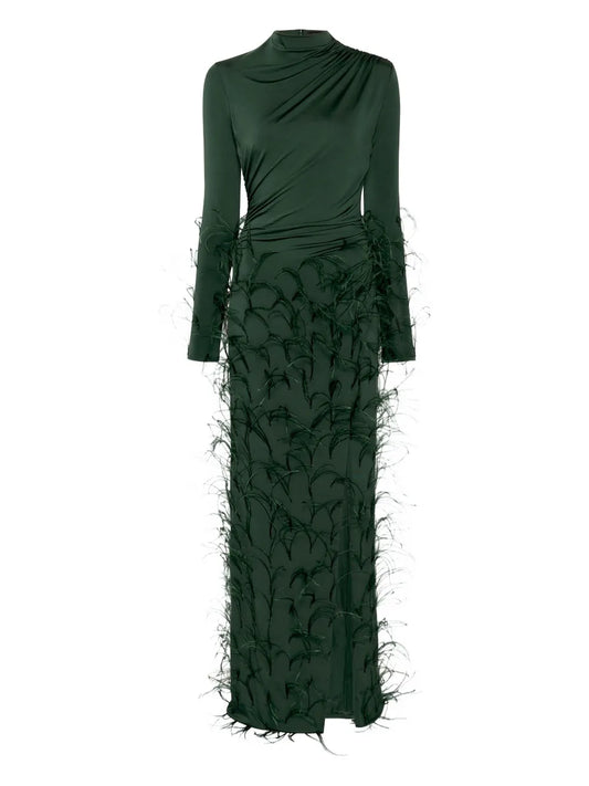 Lapointe Feathers Embellished Jersey Maxi Dress — Green — Size XS — Front View