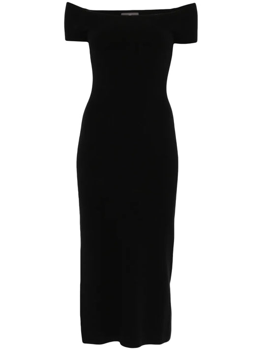 Bompard Bardot Neckline Midi Dress — Black/ Red — Size XS — Front View