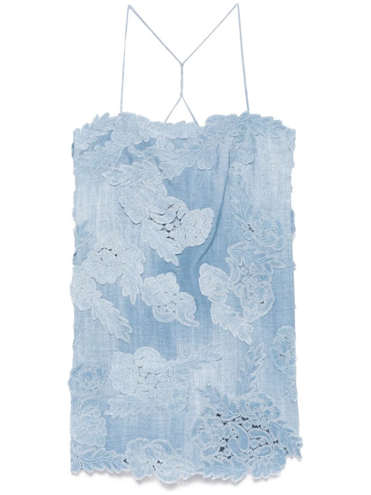 Ermanno Scervino Floral Applique Mini Dress — Blue — Size XS — Front View