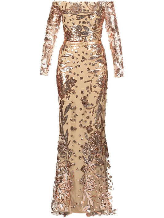 Elie Saab Embroidered Tulle Maxi Dress — Beige/ Red — Size S — Front View