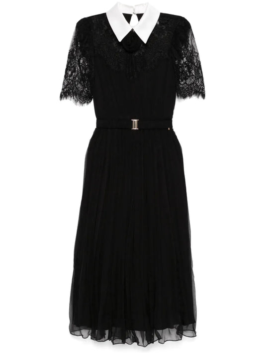 Nissa Lace Detailed Silk Midi Dress — Black — Size L — Front View