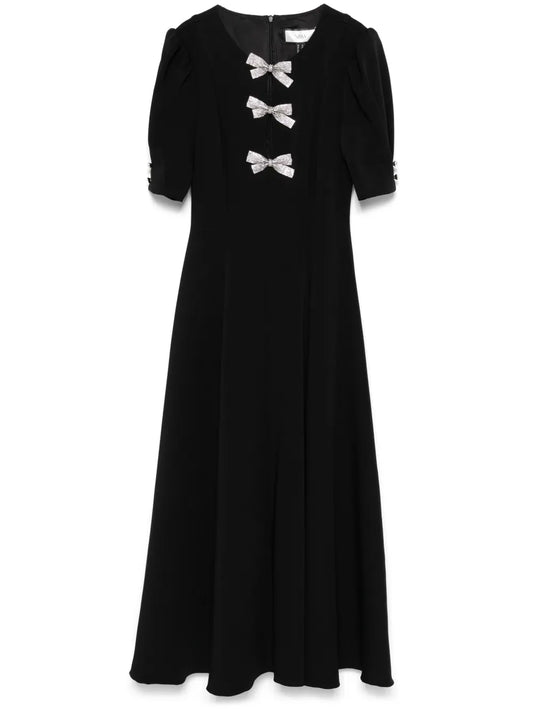 Nissa Bow Applique Maxi Dress — Black/ Red — Size XS — Front View