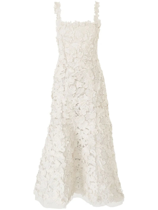 Carolina Herrera Embroidered Midi Dress — White/ Red — Size XS — Front View
