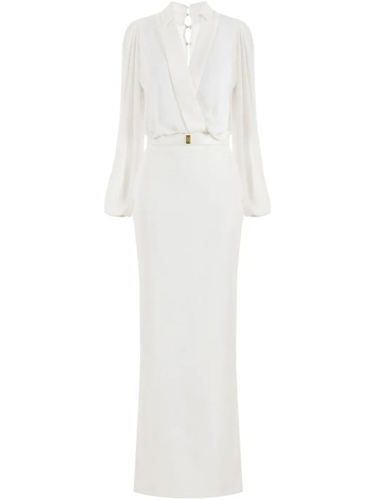 Elisabetta Franchi Belted Crepe Maxi Dress — White — Size XS — Front View
