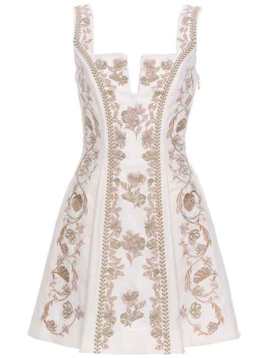 Agua By Agua Bendita All Over Embroidered Dress — White/ Red — Size XS — Front View