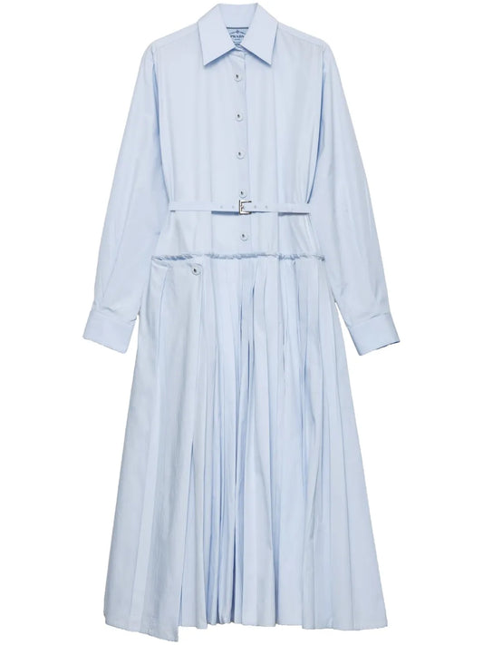 Prada Pleated Poplin Dress — Blue — Size XS — Front View