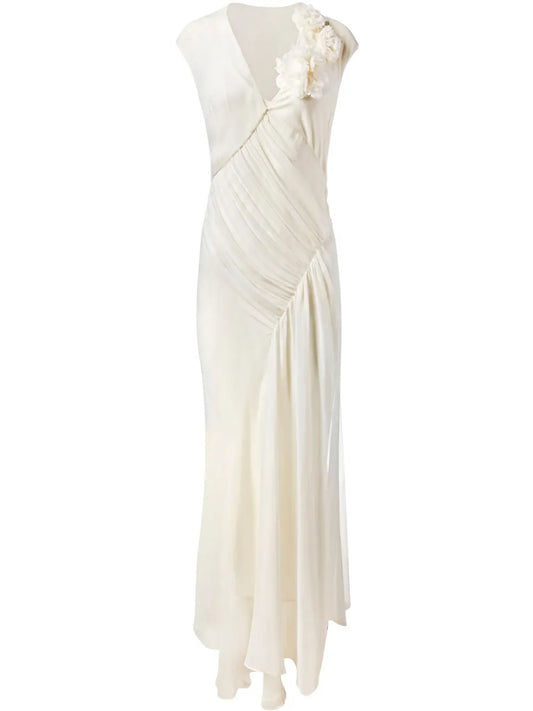 Alejandra Alonso Rojas Draped Chiffon Dress — White — Size L — Front View
