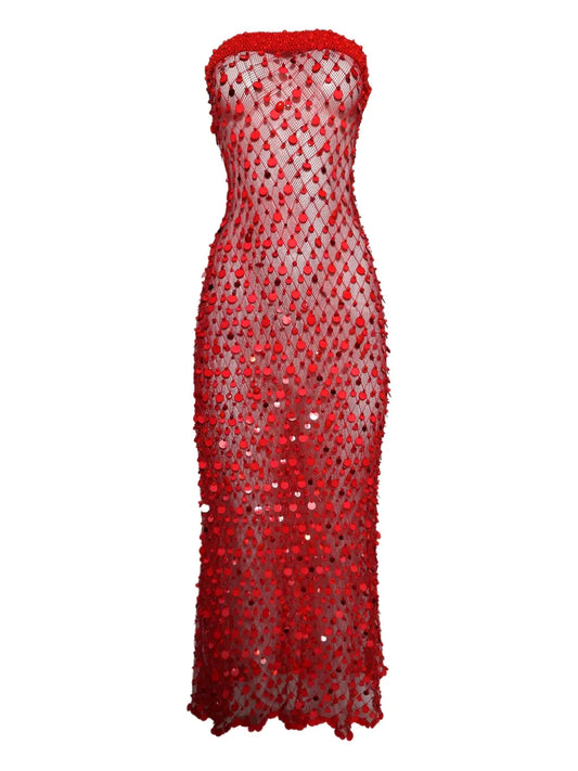 Roberta Einer Sequin Embellished Midi Dress — Red — Size XS — Front View