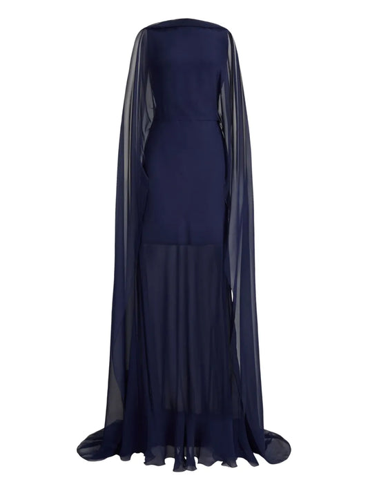 Ralph Lauren Collection Sheer Cape Evening Gown — Blue/ Navy/ Red — Size XS — Front View