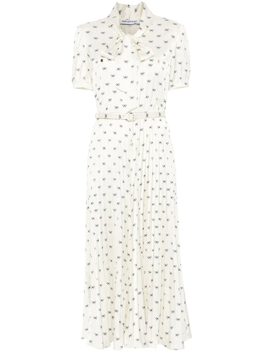 Self Portrait Satin Bow Print Midi Dress — Beige — Size XS — Front View