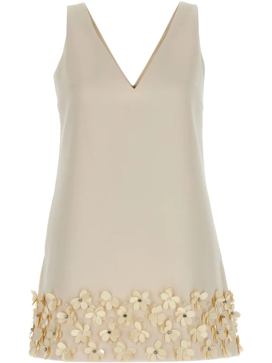 Self Portrait Sequin Embellished Crepe Mini Dress — Beige — Size XS — Front View