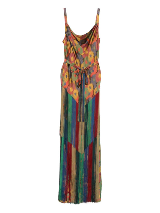 Bode Floral Print Fringe Dress — Red — Size XS — Front View