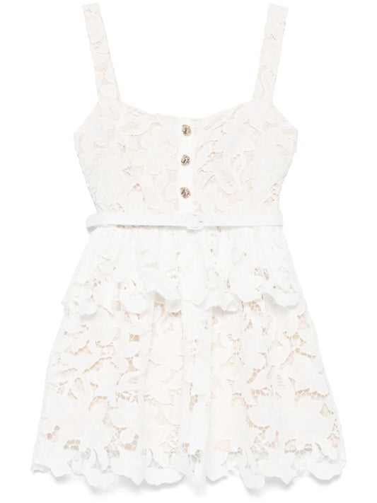 Self Portrait Lace Tiered Mini Dress — White/ Red — Size M — Front View