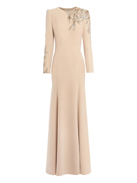 Jenny Packham Honor Sequin Embellished Maxi Dress — Beige — Size S — Front View