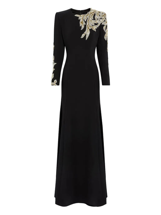 Jenny Packham Honor Beaded Leaf Embellished Gown — Black — Size S — Front View