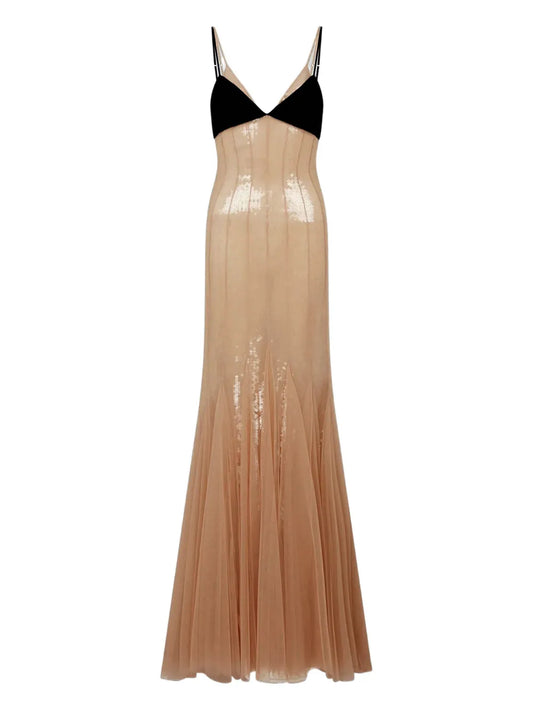David Koma Sequinned Gown — Beige/ Black — Size S — Front View