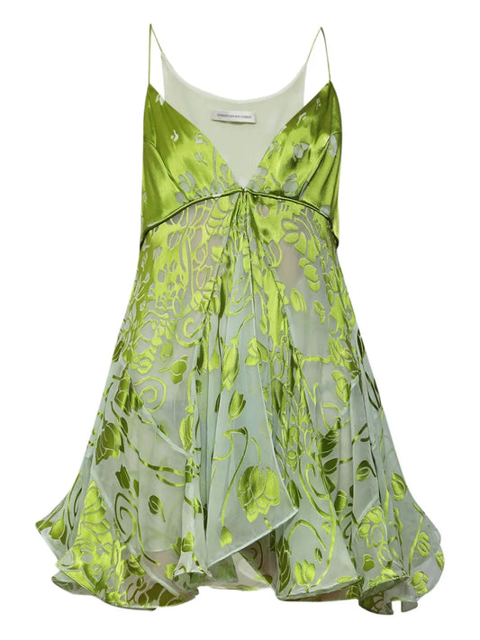 Christopher Esber Burnout Floral Print Mini Dress — Red/ Green — Size XS — Front View