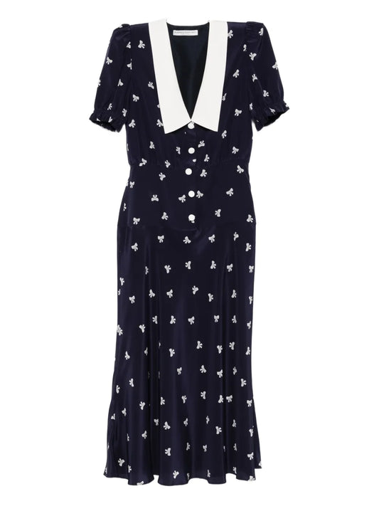 Alessandra Rich Bow Print Midi Dress — Blue/ Navy — Size S — Front View