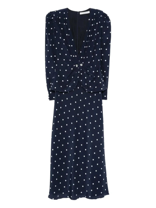 Alessandra Rich Polka Dot Print Midi Dress — Blue/ Navy/ Red — Size S — Front View
