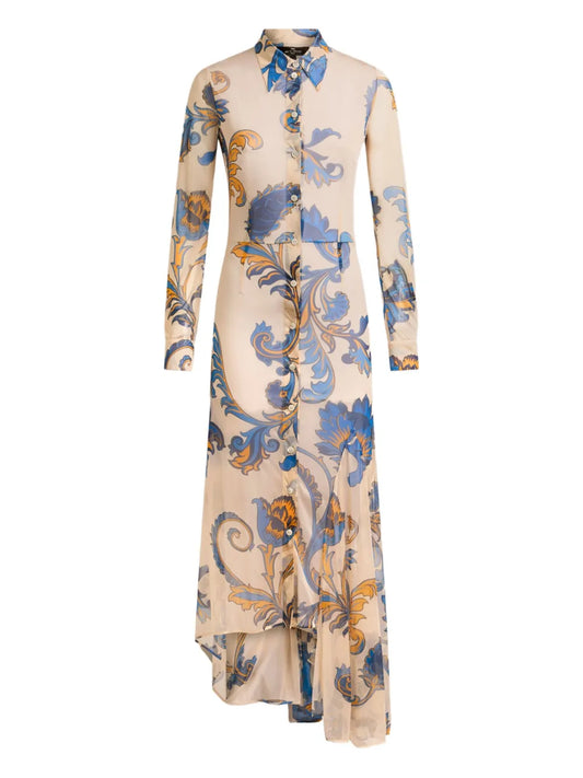 Etro Floral Print Shirt Dress — Beige — Size XS — Front View