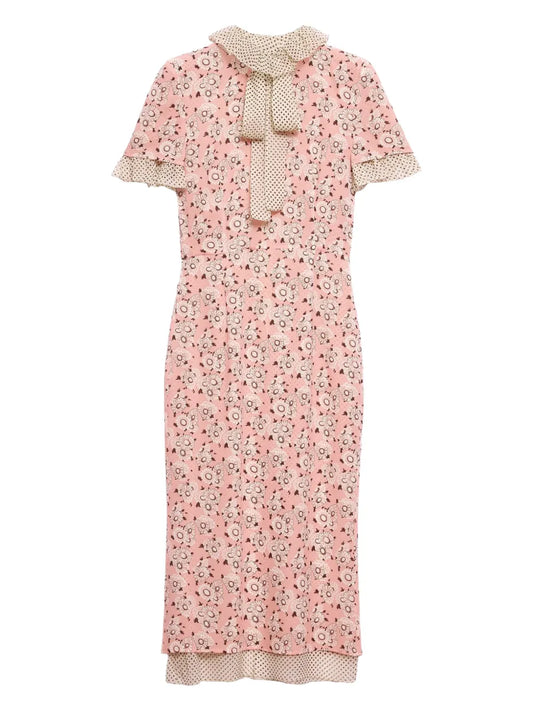 Prada Printed Georgette Midi Dress — Red/ Pink — Size XS — Front View