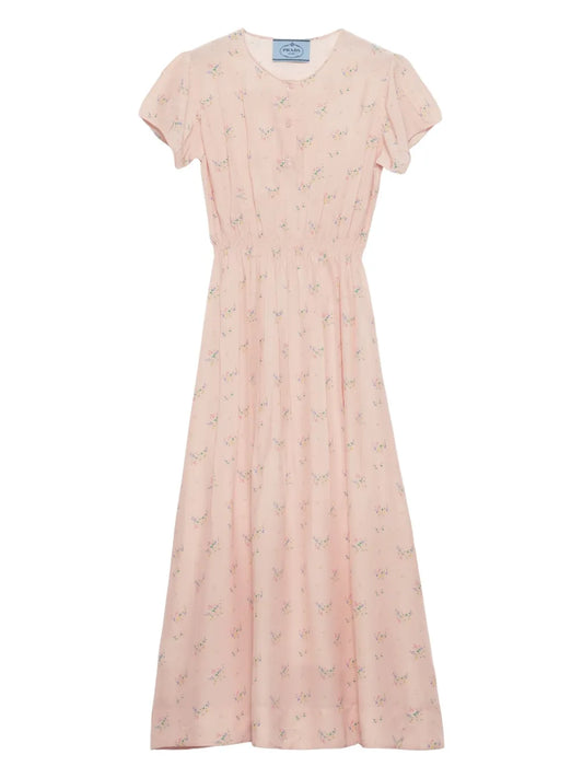 Prada Floral Ponge Midi Dress — Pink — Size XS — Front View