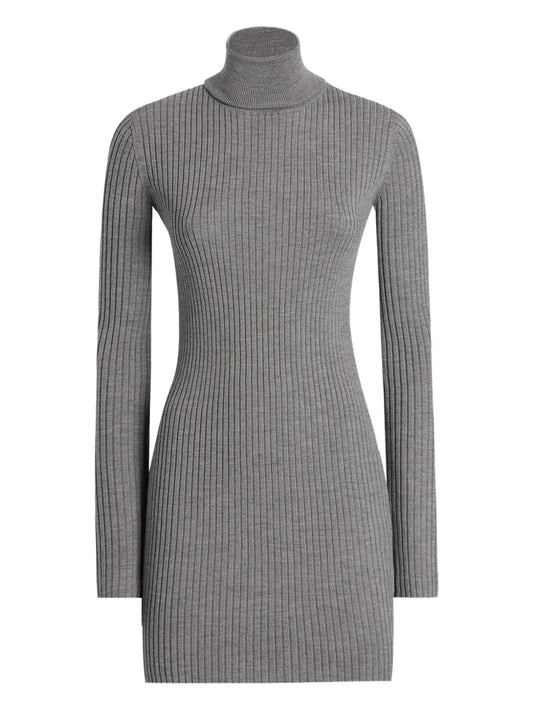 Dolce Gabbana Ribbed Turtleneck Mini Dress — Grey — Size XS — Front View