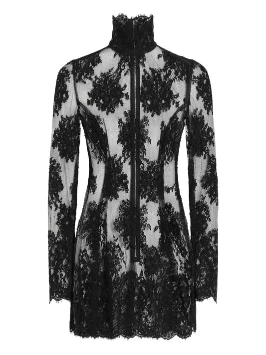 Dolce Gabbana Lace High Neck Mini Dress — Black — Size XS — Front View