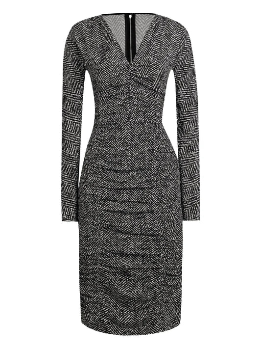 Dolce Gabbana Chevron Gathered Midi Dress — Black/ Red — Size XS — Front View