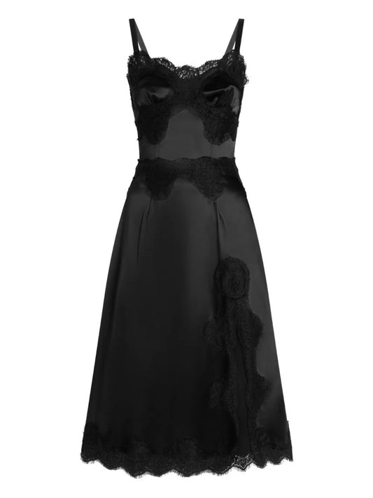 Dolce Gabbana Lace Embellished Satin Dress — Black — Size S — Front View
