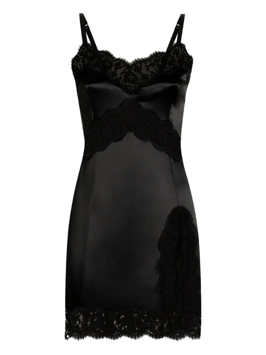 Dolce Gabbana Lace Trimmed Satin Slip Mini Dress — Black — Size XS — Front View