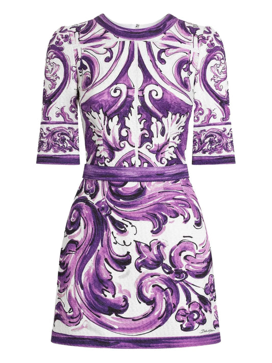 Dolce Gabbana Graphic Print Mini Dress — Purple — Size XS — Front View
