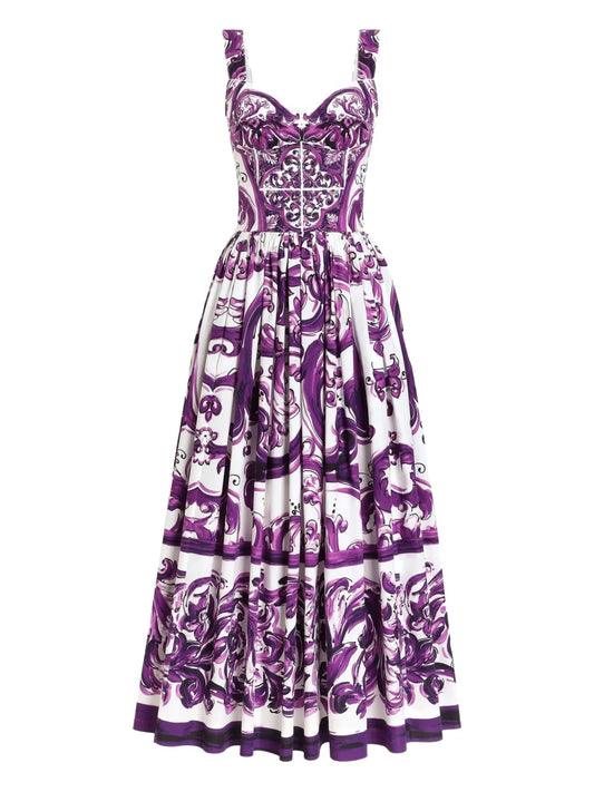 Dolce Gabbana Graphic Print Midi Dress — Red/ Purple — Size XS — Front View