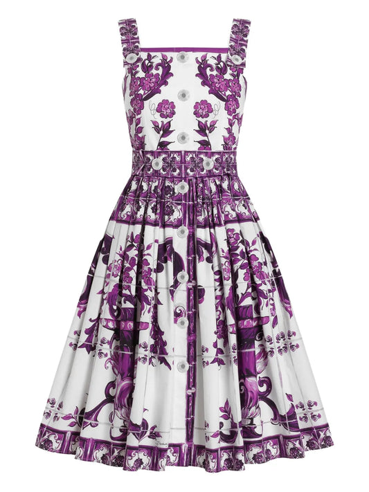 Dolce Gabbana Maiolica Print Midi Dress — White — Size XS — Front View