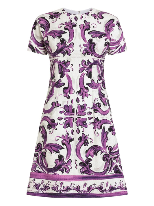 Dolce Gabbana Majolica Print Mini Dress — Purple — Size XS — Front View