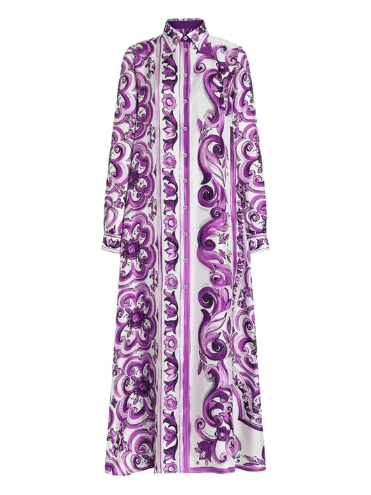 Dolce Gabbana Maiolica Print Shirt Dress — Purple — Size XS — Front View