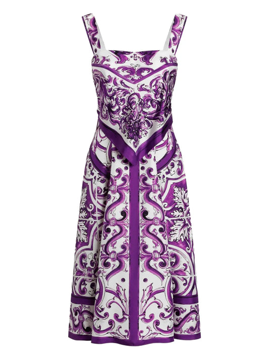 Dolce Gabbana Majolica Print Midi Dress — White — Size XS — Front View